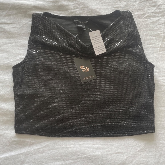 Sincerely Jules Sparkly Black Cow Neckline Sequin Sleeveless Crop Top, Small - Picture 10 of 13